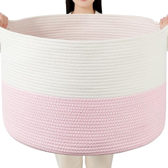Foldable Laundry Hamper Basket with Collapsible Handle Cotton Rope Soft Woven Fabric Storage Organizer Clothes Toys Nursery Bedroom Dorm Space Saving Bin (White & Pink, 80L(21.7"D x 13.8"H))