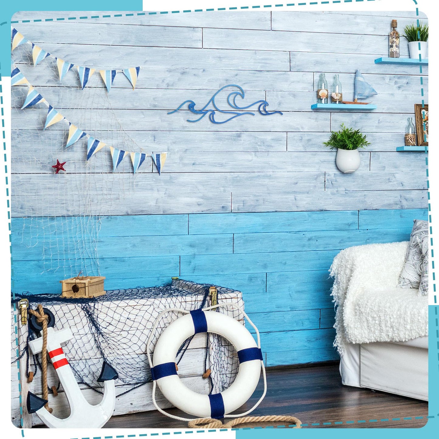 Seeloowy Wave Wall Decor Blue Metal Wire Wall Art Ocean Coastal Sea Beach Pictures Surf Nursery Themed Hanging for Home Living Room Summer Seaside Decoration for Bedroom Bathroom