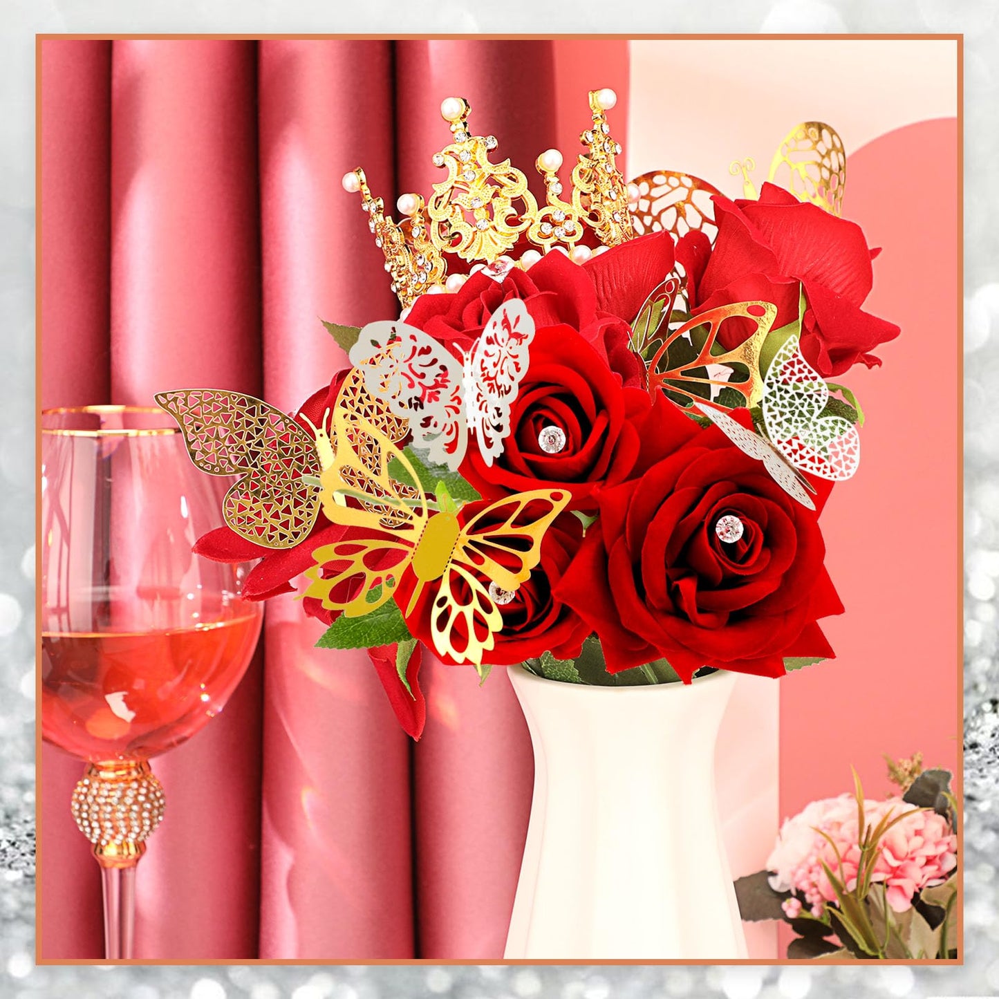 200 Pcs Flower Bouquet Accessories 100 Corsage Bouquet Pins 96 3D Butterfly Wall Decor Bulk and 4 Crown Cake Topper Pearl Pins Floral Arrangement for Festival Wedding Birthday Party (Gold, Silver)