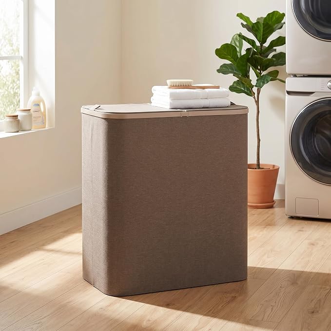 DOKEHOM 160L Extra Large Laundry Hamper with Lid, 2-Section Double Laundry Basket with Removable Mesh Liner Bags, Collapsible Clothes Sorter for Family, Bedroom, Laundry Room, Khaki