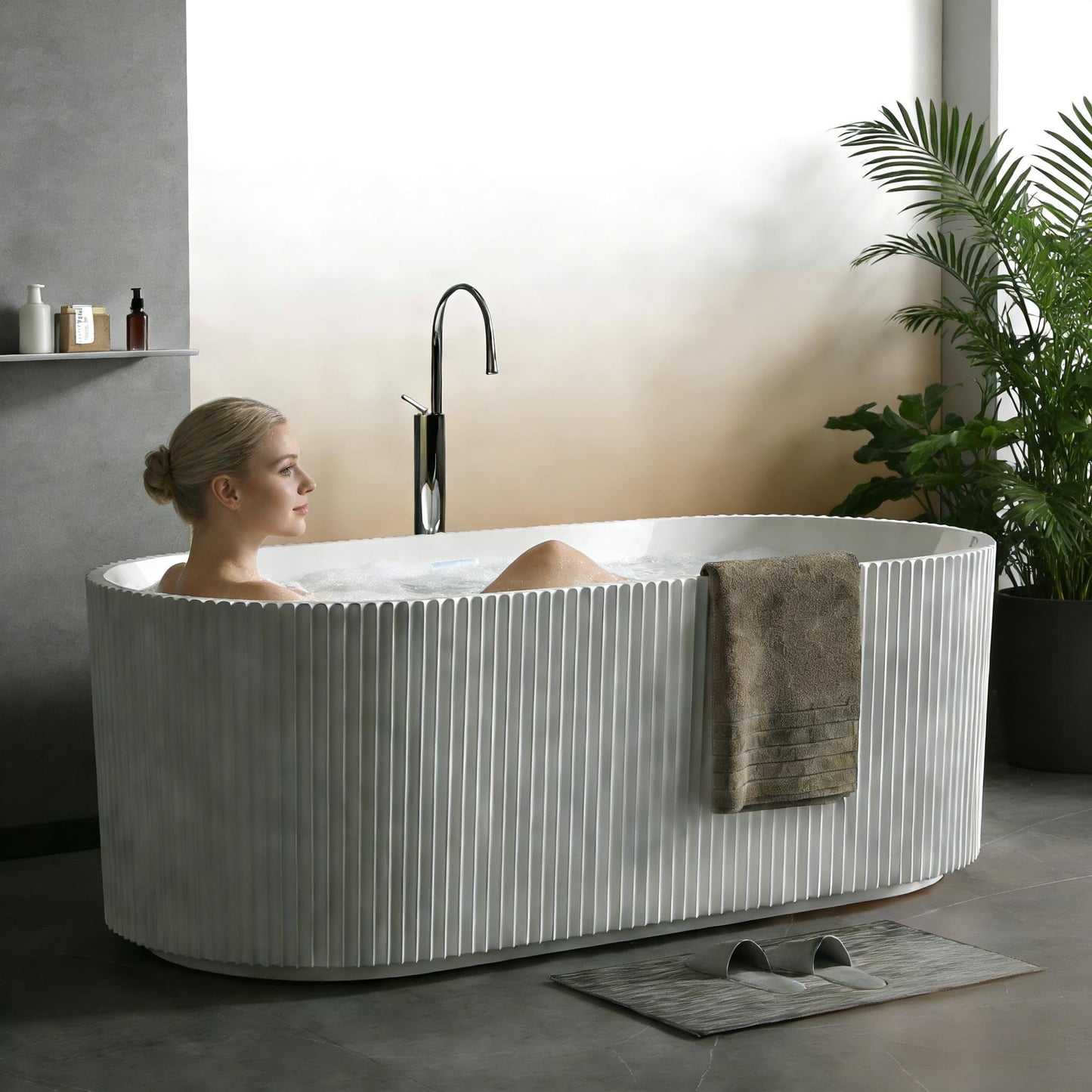 67" Acrylic Freestanding Soaking Bathtub, Matte Drain & Black Overflow, Contemporary Design Tub for Home Bathroom Renovations, Glossy White