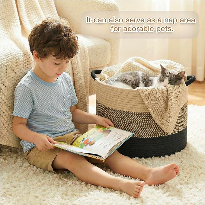 Artfeel 40L Large Cotton Rope Basket, Decorative Woven Blanket Storage for Living Room, Boho Toy Storage & Toy Box for Kids, Versatile Laundry Basket & Nursery Hamper for Blankets(BlackBrown)