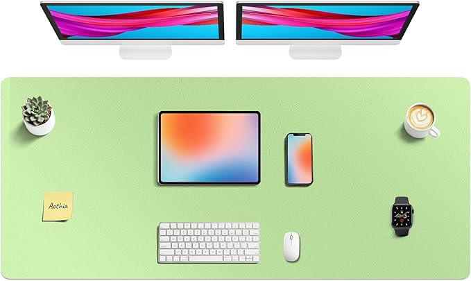 Aothia Faux Leather Desk Mat - Non-Slip PU Leather Desk Blotter, Waterproof Writing Surface, Large Desk Pad for Office & Home (Foam Green, 55" x 24")