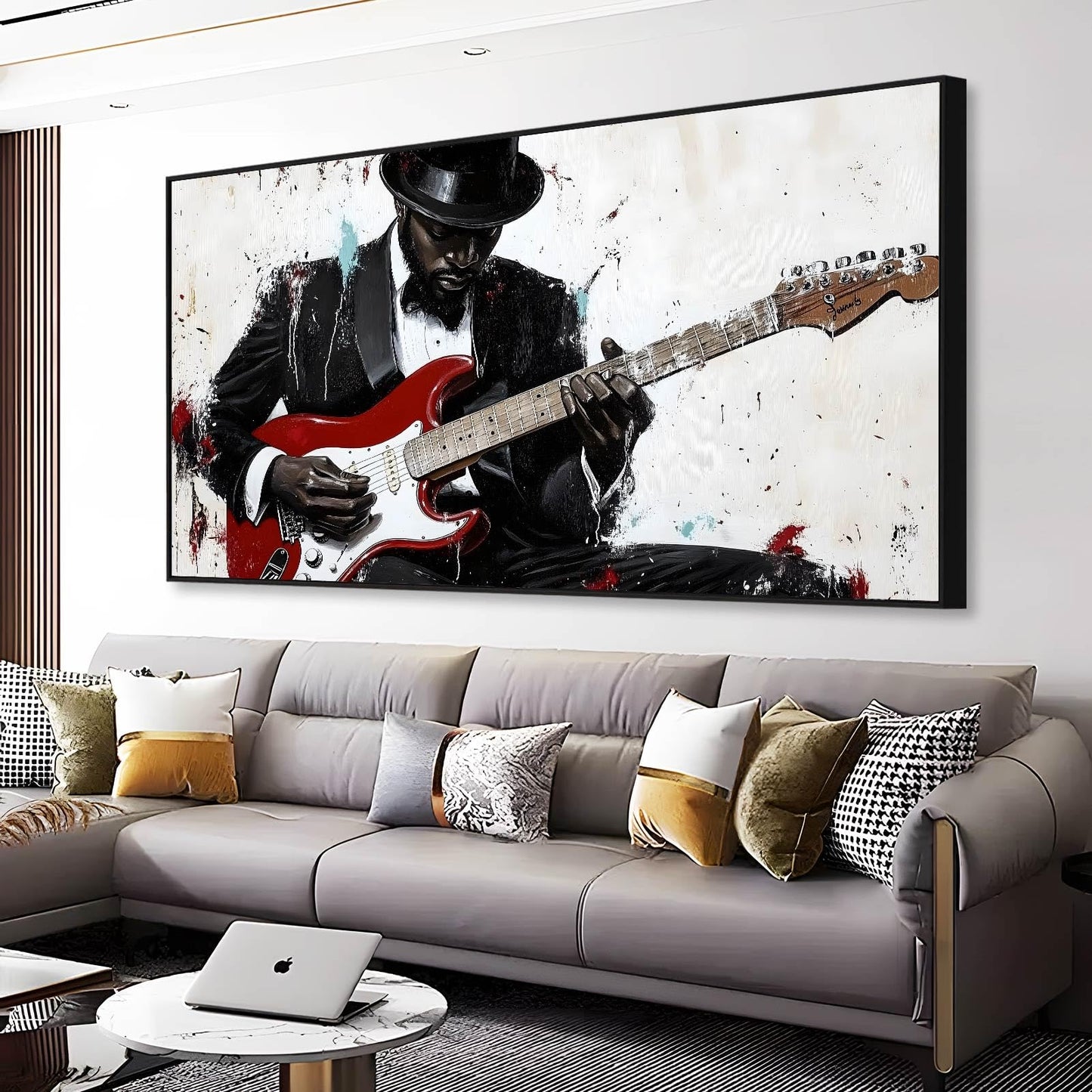 Abstract Jazz Music Canvas Wall Art, Black Musician Canvas Print, Guitar Player Wall Art, Red and Black Picture, Red Guitar Poster, Modern Artwork for Living Room (Gold Framed, 23"x13" | 60x35cm)