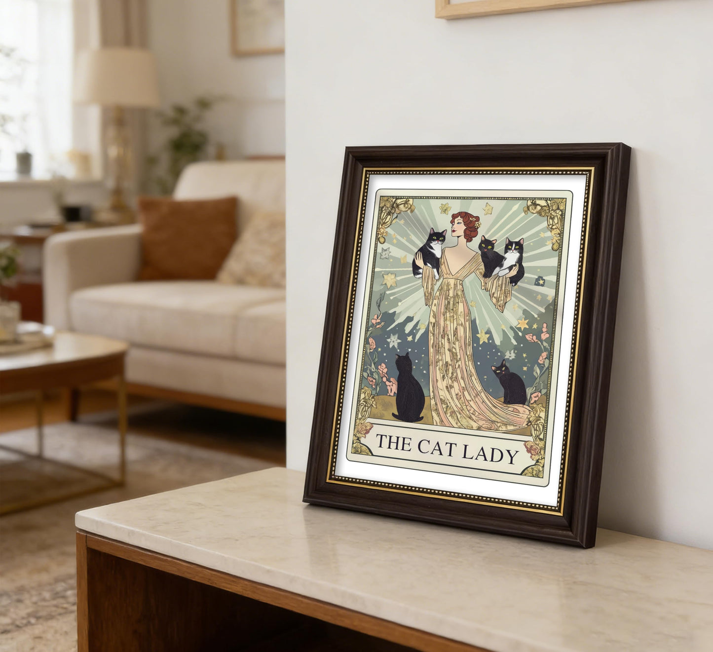 Framed Cat Lady Tarot Wall Art, Cute Animals, Stars & flower Painting Canvas Prints, Whimsical Vintage Black Cats Poster, Mysterious Elegance Artwork for Bedroom Living Room and Cat Lovers 9x11 in