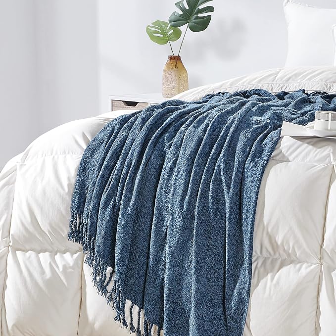 BOURINA Chenille Fluffy Throw Blanket with Decorative Fringe for Couch Cover Sofa Chair Blanket（50×60 Inches） Navy