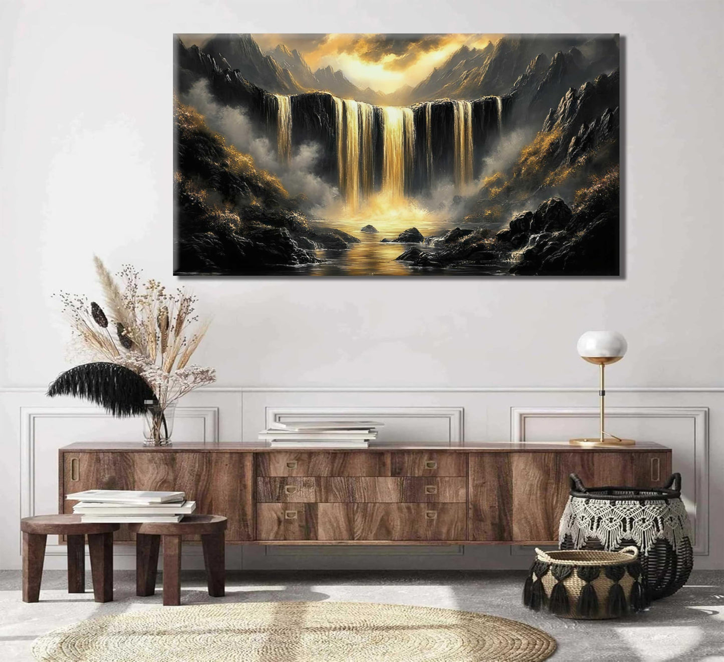 Black Gold Waterfall Canvas Wall Art Abstract Waterfall Wall Decor Mountain Art Posters Pictures for Office for Living Room bedroom Painting Prints Framed