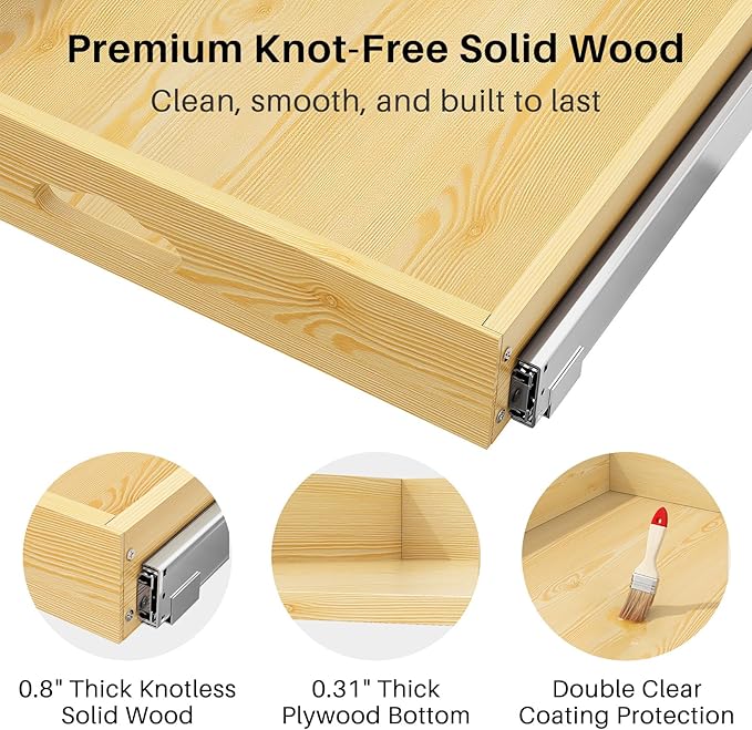 Pull Out Cabinet Organizer, Soft Close Wooden Slide Out Drawers for Pots and Pans, Full-extension Roll Out Shelves for Kitchen Cabinets, Pantry Organization, Bottom & Side Mount(17"W X 21"D x 3.4''H)
