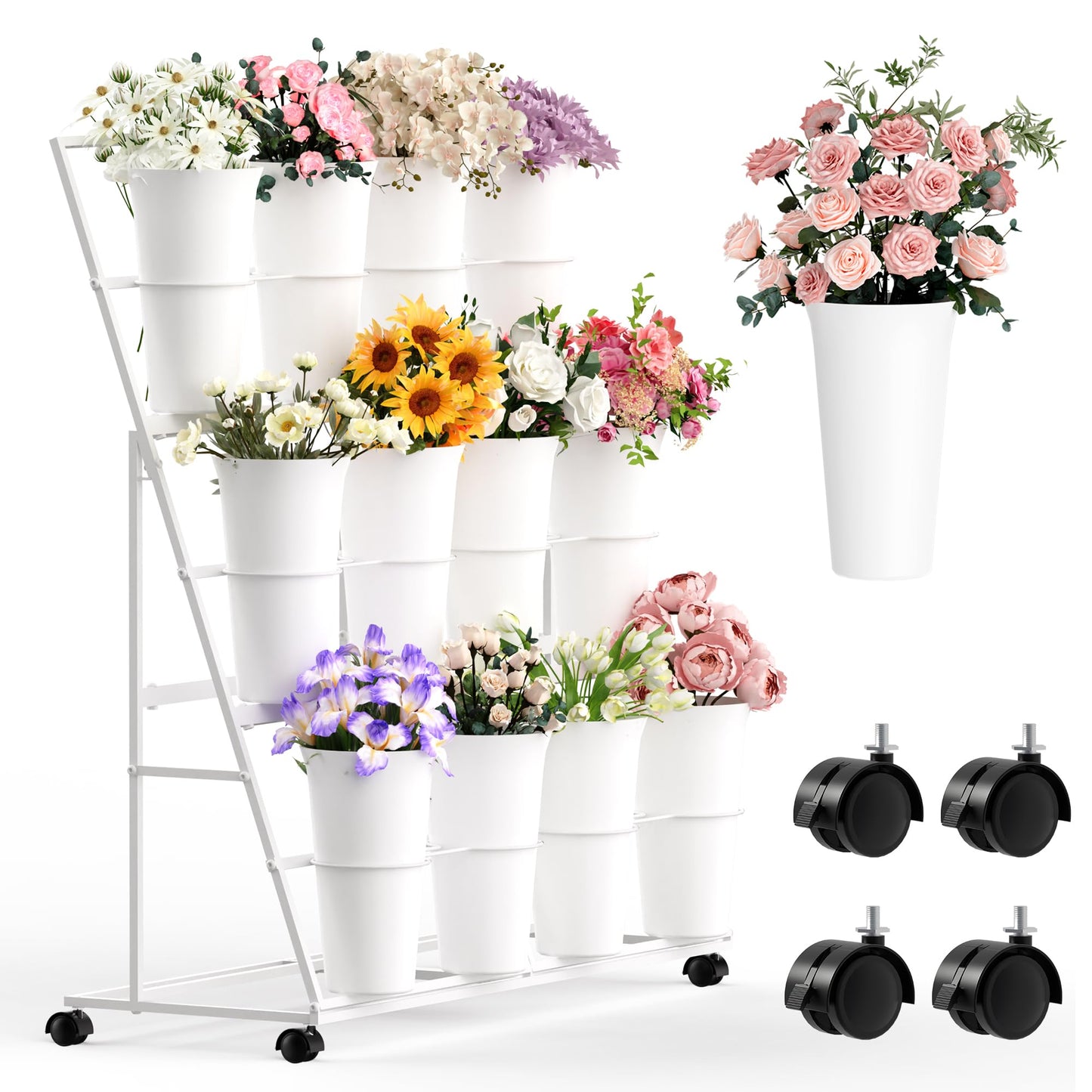 Invech Flower Display Stand with 12 Buckets and Wheels, 3 Tier Flower Cart Display Stand for Indoor Outdoor Garden, Wedding, Flower Shop (White)