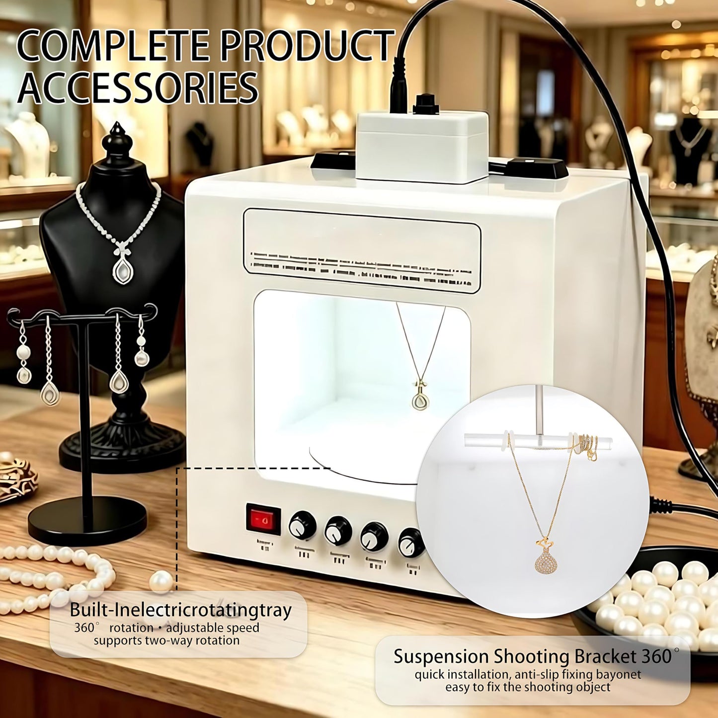 QIUNAOZI Adjustable Turntable Premium Photo Studio, Jewelry Photography Light Box with Turntable, Turntable Diameter 11/15cm, 4pcs Fill Lights, Hanging Bracket, for Jewelry, Small Items Black-TB30