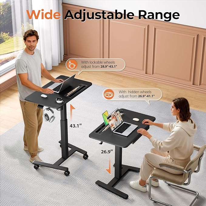 Mobile Standing Desk with Drawer, 32" Rolling Desk with Cup Holder and Hooks, Portable Laptop Cart on Wheels, Height Adjustable Workstation with Storage for Home Office, Black