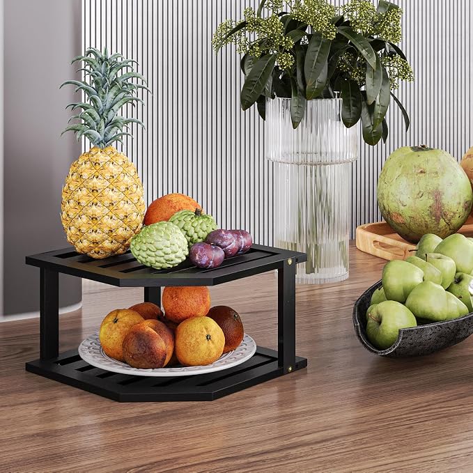 VERTORGAN Bamboo Corner Shelf,2 Tier Plate Organizer for Cabinet and Countertop,Pantry Dish and Spice Rack for Kitchen（Black）