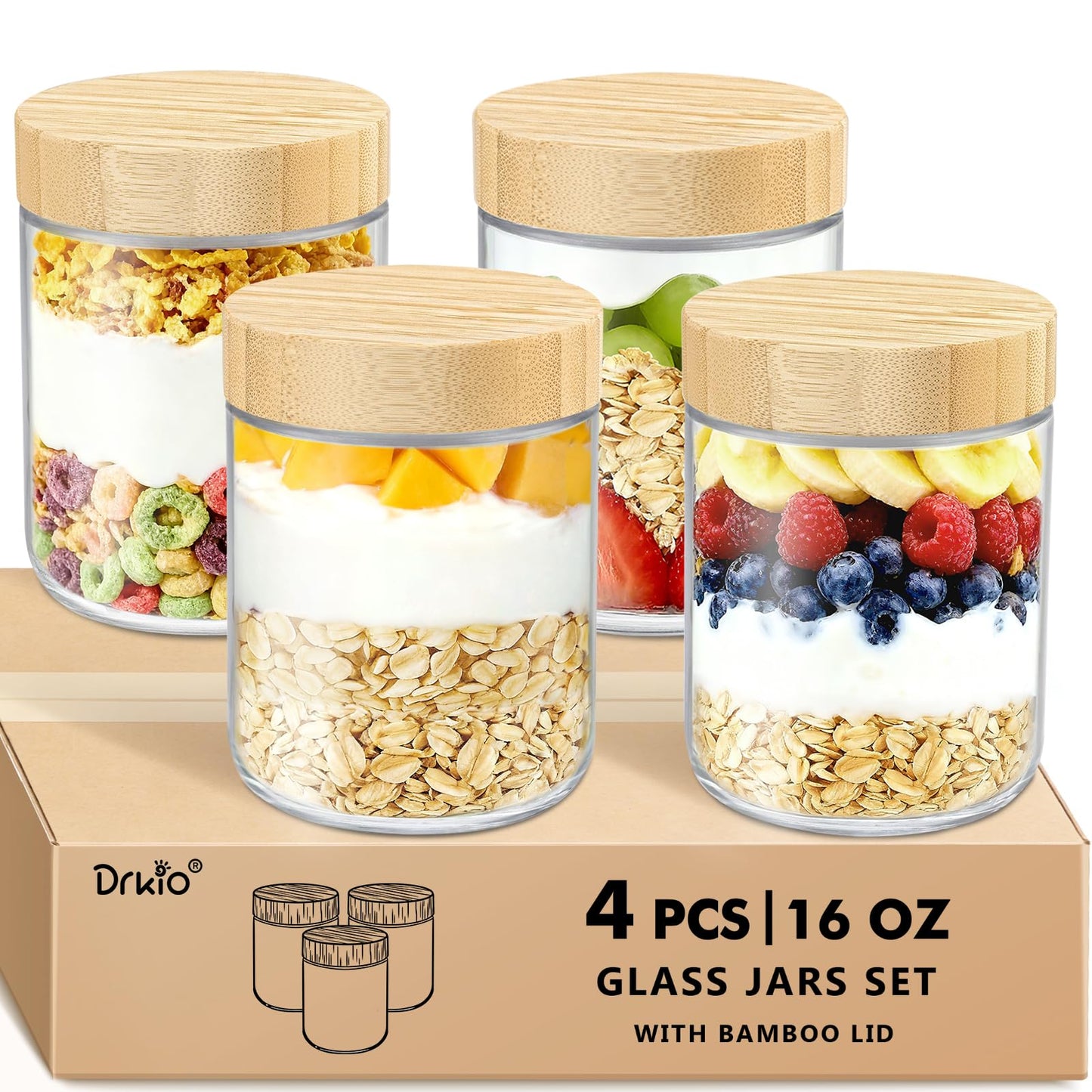 DRKIO 16 Oz Overnight Oats Containers with Bamboo Lids - 4 Pack Glass Storage Jars with Airtight Lids Wide Mouth Mason Food Jars Great for Meal Prep Salad Chia Pudding Snacks Yogurt Sugar Spice Cereal