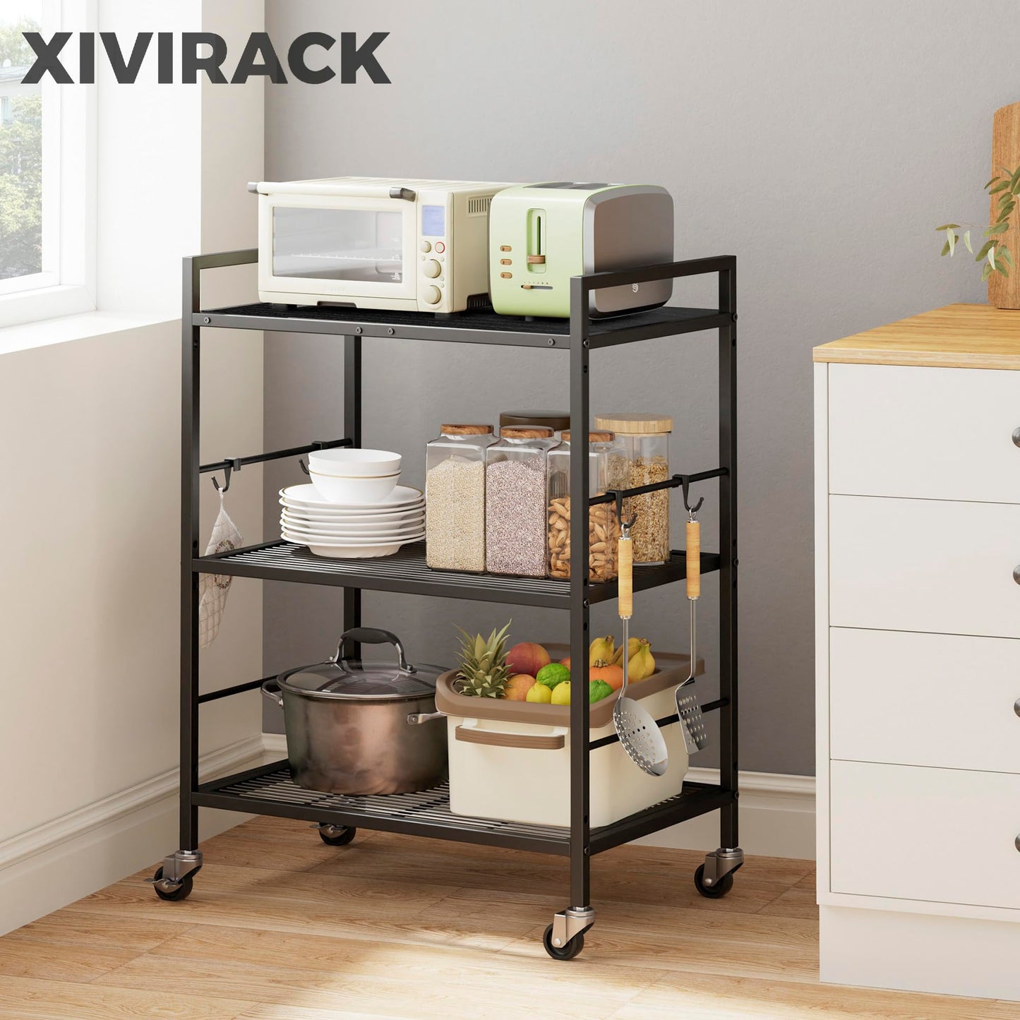 XIVIRACK 3-Tier Metal Storage Rack with Industrial Wheels,Mesh Shelving Unit with Wooden Table top,Adjustable Shelf,23.6-Inch Width,15.8-Inch Depth, for Kitchen, Laundry,Pantry,Plant,Black panel