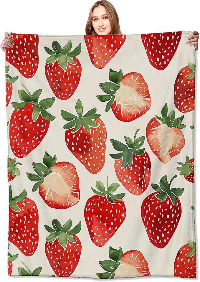 Strawberry Blanket,Sweet Juicy Red Fruit Throw Blankets,Gifts for Kids & Foodies & Summer Lovers,Lightweight Soft Fleece,for Picnic Sofa Couch Bed Room Travel,Birthday Decor,50x60in