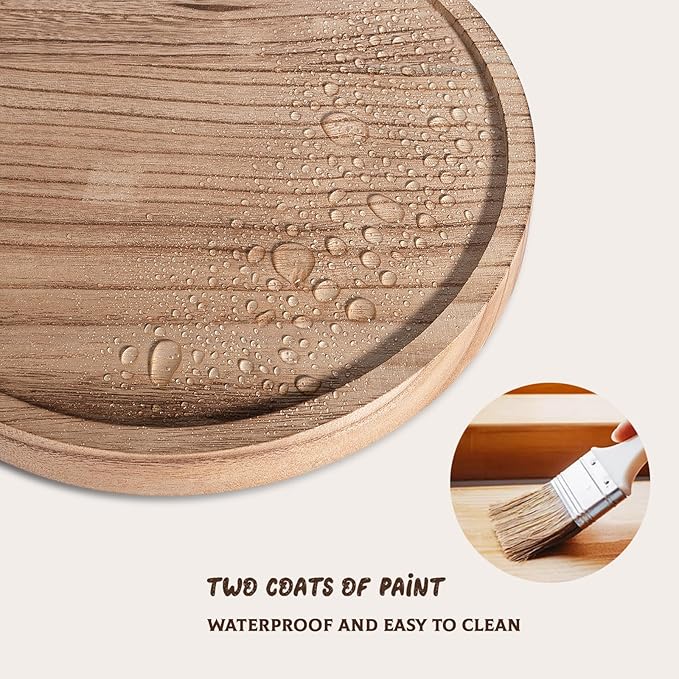 Round Decorative Tray Wood Bathroom Counter Organizer Farmhouse Kitchen Decor Wooden Riser for Soap Dish, Perfume, Candle, Sponge, 12" - Brown
