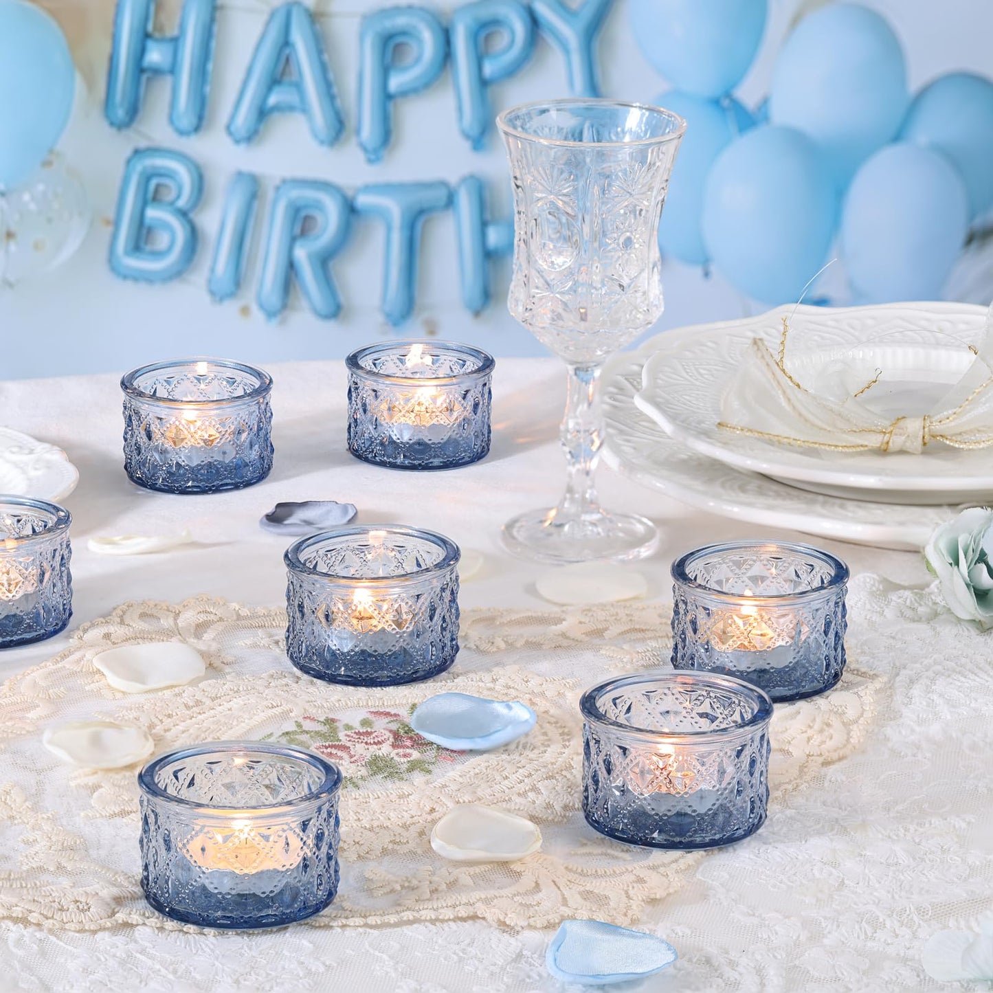 MATAHUM 24 Pack Blue Tealight Candle Holders, Diamond Glass Votive Candle Holders Bulk for Wedding Centerpieces, Beach Theme Bridal Shower, Baby Boy Shower, Birthday Party Decor