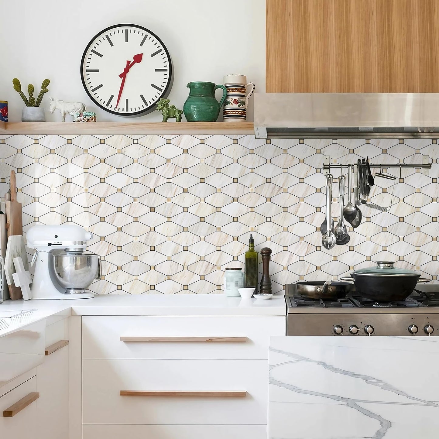 STICKGOO 10 Sheets Peel and Stick Backsplash, Polished Eurasia Biege Marble Look Kitchen Backsplash, Glossy Waterproof Stick on Backsplash for Kitchen Wall, Bathroom