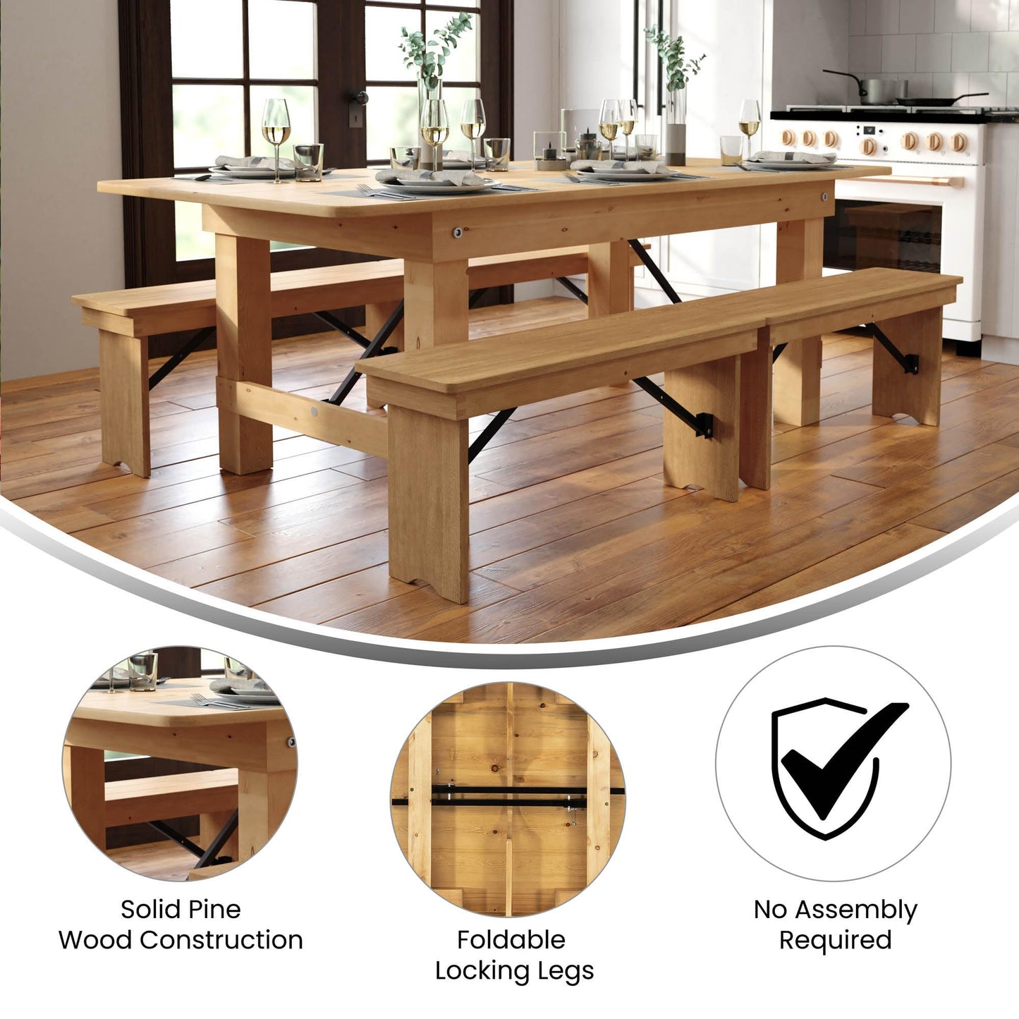 Flash Furniture HERCULES 7' x 40" Rectangular Antique Rustic Solid Pine Folding Farm Table, Light Natural