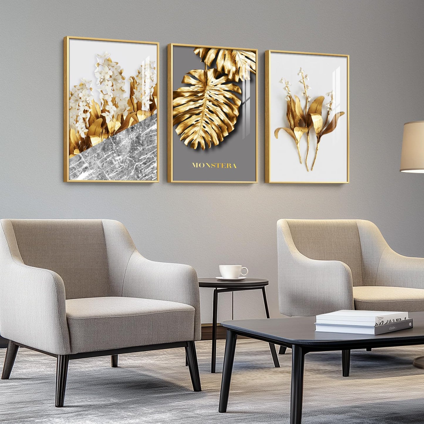 Framed Modern Luxury Large Gold Wall Art for Living Room, Set of 3 Piece Contemporary Paintings Artwork for Walls, Golden Leaf Prints with Gold Frame, Pictures for Office Wall Decor - Total 30" x 60"