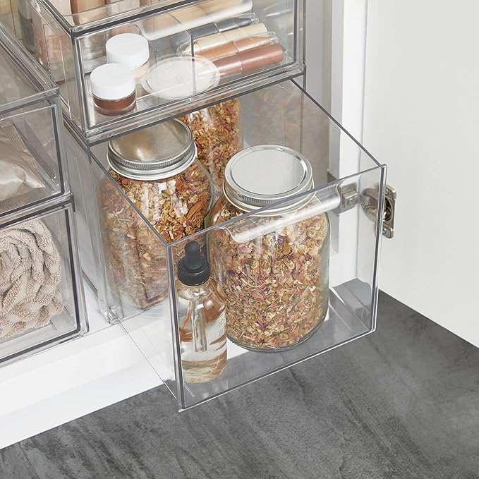 mDesign Plastic Stackable Bathroom Storage with Pull Out Bin Organizer Drawer for Cabinet, Vanity, Shelf, Cupboard, Cabinet, or Closet Organization - Lumiere Collection - Clear