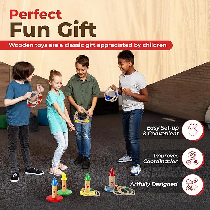 Ring Toss Game for Kids | 8 Pieces Wooden Ring Toss Game Set | Indoor & Outdoor Fun for Toddler and Kids 3+ by OWT