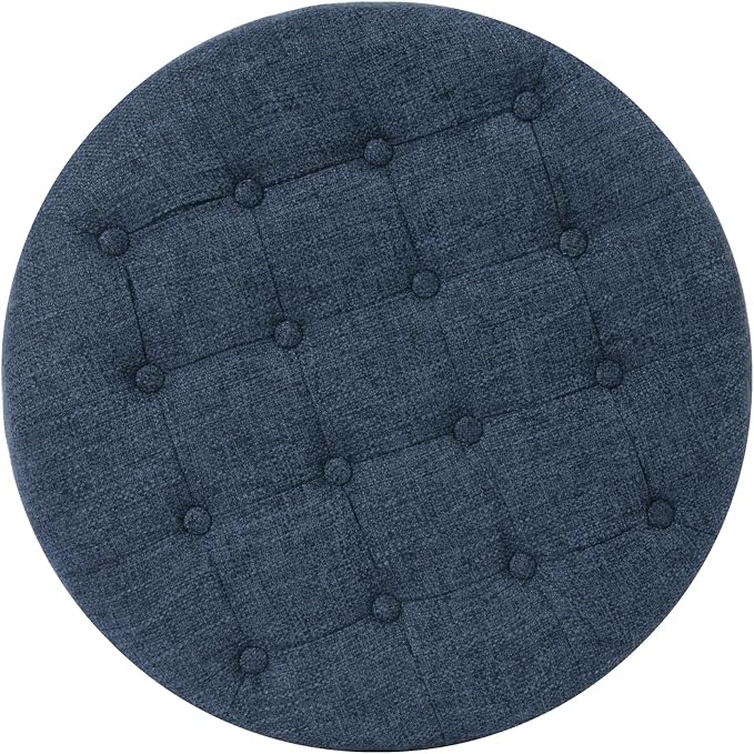 Homepop Home Decor | Large Button Tufted Woven Round Storage Ottoman for Living Room & Bedroom (Navy Woven) 25 inch D x 25 inch W x 15 inch H