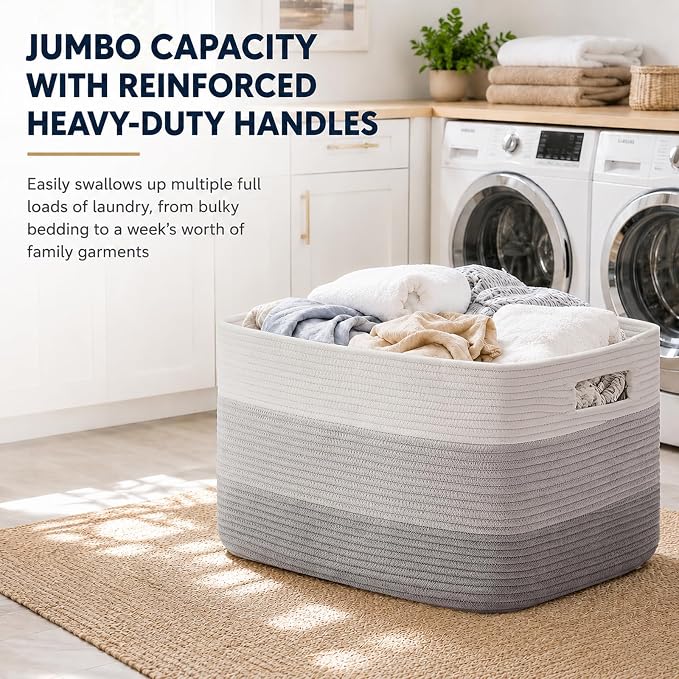 OIAHOMY Large Blanket Basket, 22”x17”x12” Rectangle Woven Baskets, Nursery Blanket Storage Living Room, Toy Storage With Handle, Large Baskets for Organizing-Gradient Grey