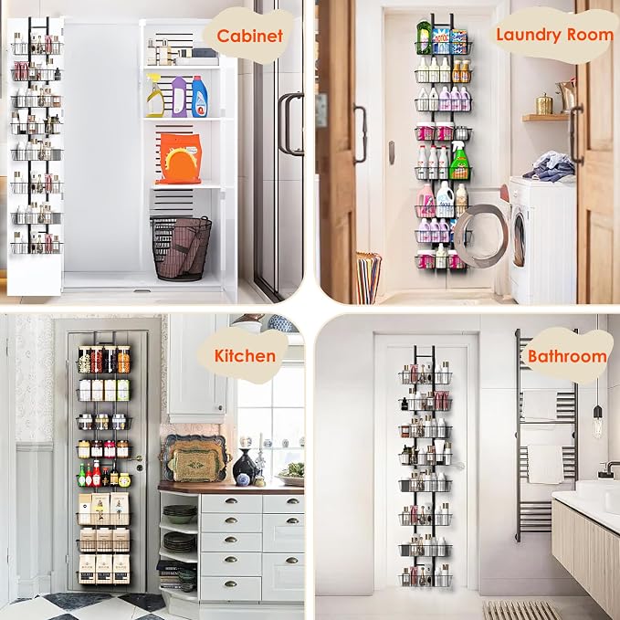 LUXEAR Over the Door Pantry Organizer, 8-Tier Adjustable Over the Door Hanging Spice Rack, No-Assembly Foldable Metal Over the Door Organizer for Kitchen, Home, Laundry Room, Bathroom