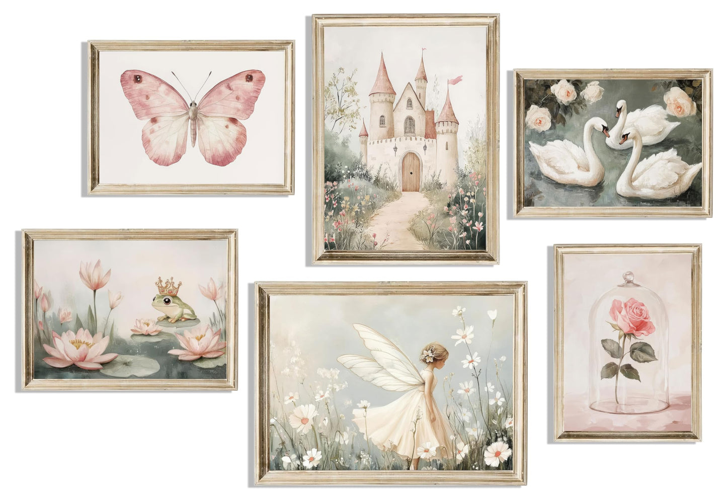 6Pc Coquette Wall Art Pastel Pink Trendy Posters Wall Decor White Swan Butterfly Frog Painting Pictures Castle Elf Aesthetic Floral Canvas Prints for Nursery Teen Girls Bedroom College Dorm Unframed