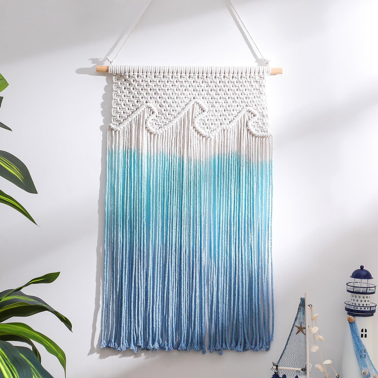 Bucherry Beach Wave Hanging Tassels Decor 16" x 26" Ocean Macrame Wall Hanging Coastal Tapestry Wall Art for Beach Themed Seafaring Living Room Bedroom Home Decoration