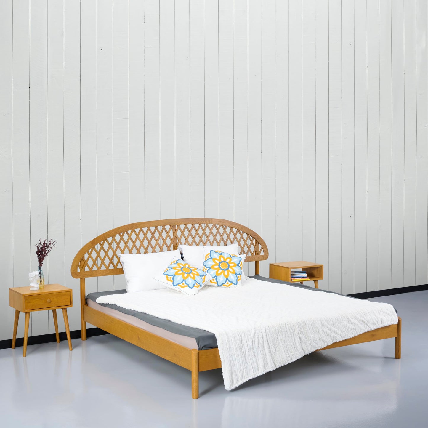 NTC Gem Wooden Bed Frame with Headboard, Solid Oak Foundation with Silent Slats and Wood Central Supports, 1000 Lb Capacity, Effortless Assembly, King - Rustic Oak