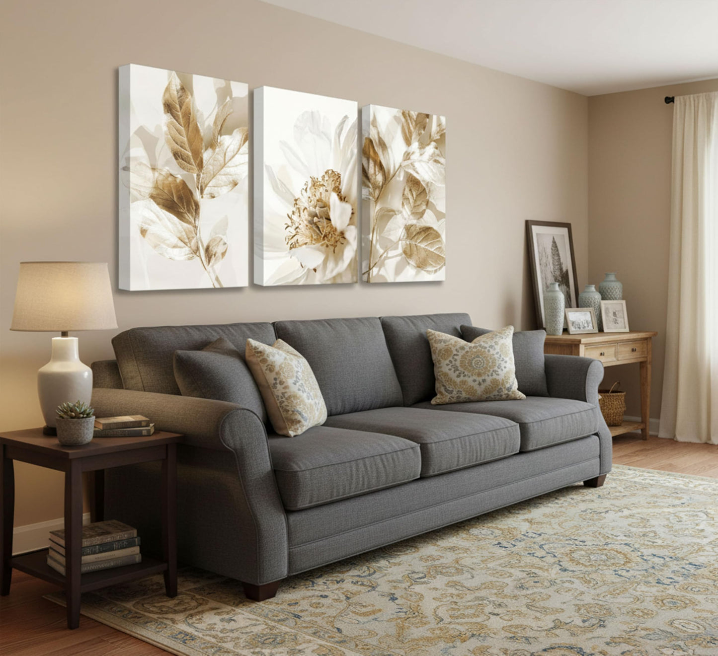 3 Pcs Modern White Floral Golden Leaves Canvas Wall Art Neutral Boho Beige Botanical Painting Pictures Nordic Wall Decor Posters Print Artwork for Bedroom Living room Office Home Decoration