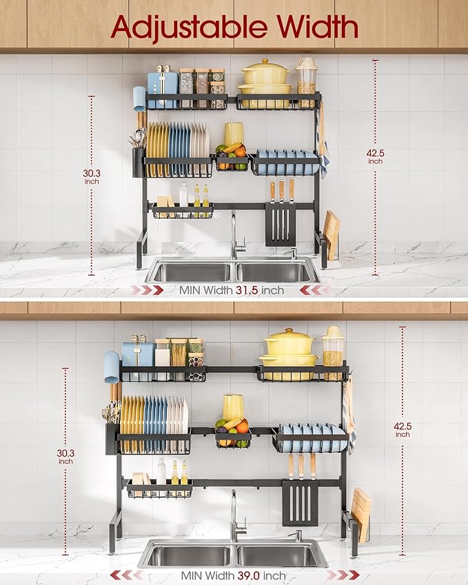 Sakugi Dish Drying Rack - Over The Sink Dish Drainer Drying Rack with Utensil & Knife Holder, Hooks, Stainless Steel Kitchen Organizers and Storage Solution, 11.8" D x 31.5"~39.0''W x 30" H, Black