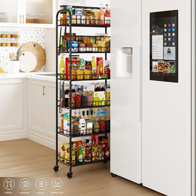 6-Tier Slim Storage Cart, Rolling Kitchen Cart with Wheels, Narrow Metal Shelf Organizer with Hooks for Kitchen, Bathroom, Living Room, Laundry, Small Spaces (Black, 10 in)