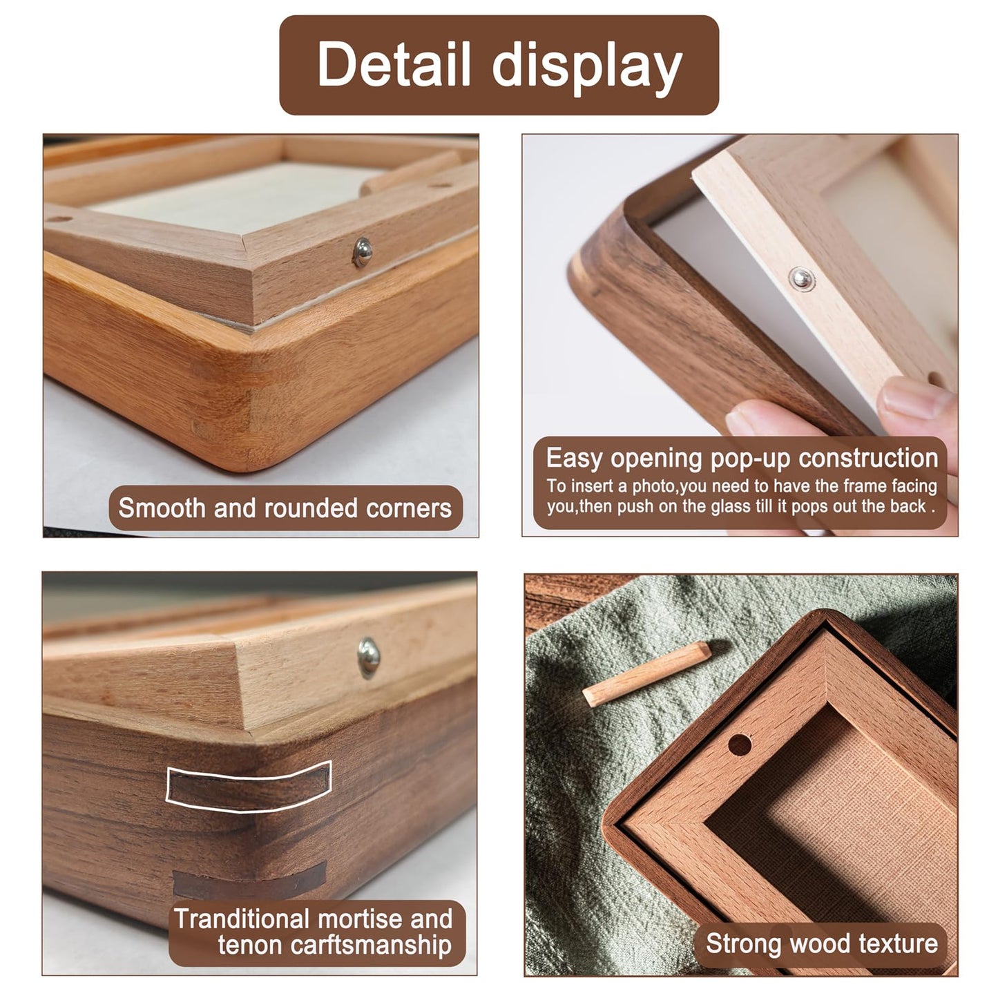 RRQKMBO 4x6 Picture Frame with Mat to 3.5x5, Natural Dark Walnut Wooden Handcrafted Frame Rounded Corner with Real Glass, Vertical or Horizontal Display for Photo Wall & Tabletop