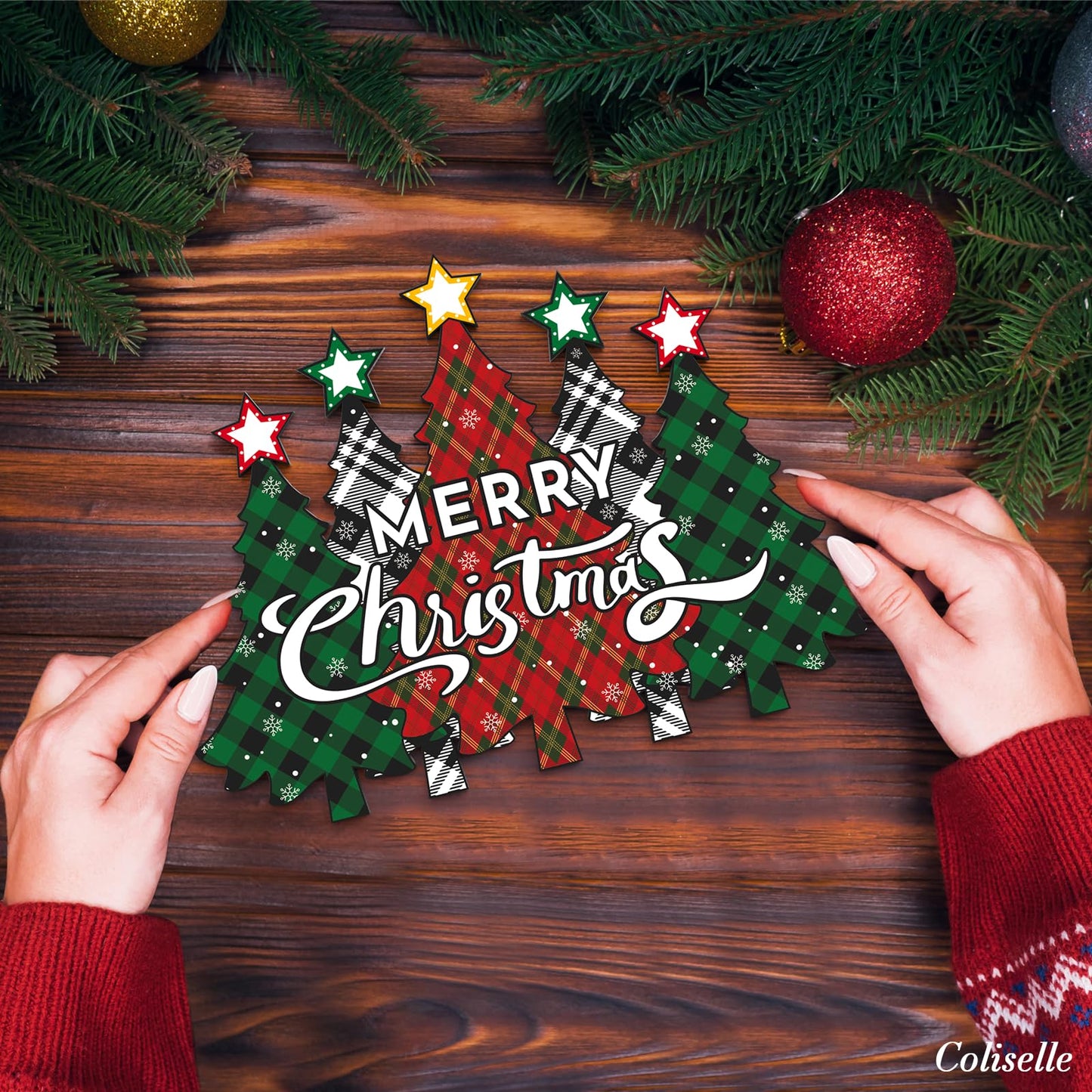 Wooden Merry Christmas Door Sign,Christmas Tree Door Wreath for Front Sign Wall Signs,Decoration Farmhouse Hanging Plaque,Hanging for Home Wall Decor Party(Red)