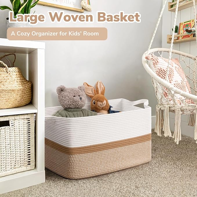 Goodpick Large Woven Blanket Basket 21.6" x 14.9" x 11.8" Storage Baskets for Organizing, Cotton Rope Basket for Home Decor Living Room Nursery, Toy Baskets Storage Kids, White & Camel Mix