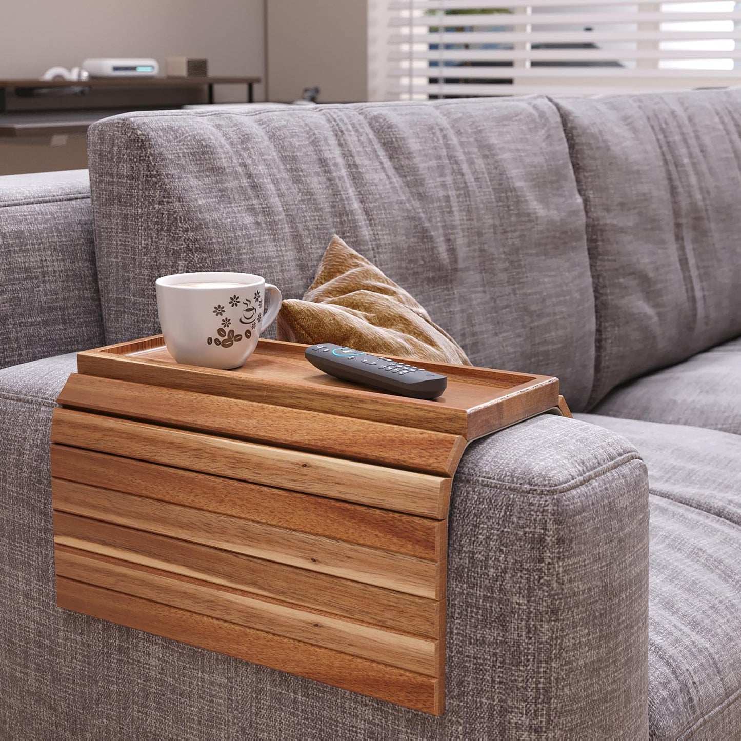 Danfoxer Sofa Arm Tray,Acacia Wood Folding Couch Arm Tray,Sofa Armrest Trays with Anti-Slip Pad for Drinks,Snacks,Phone,Remote Control