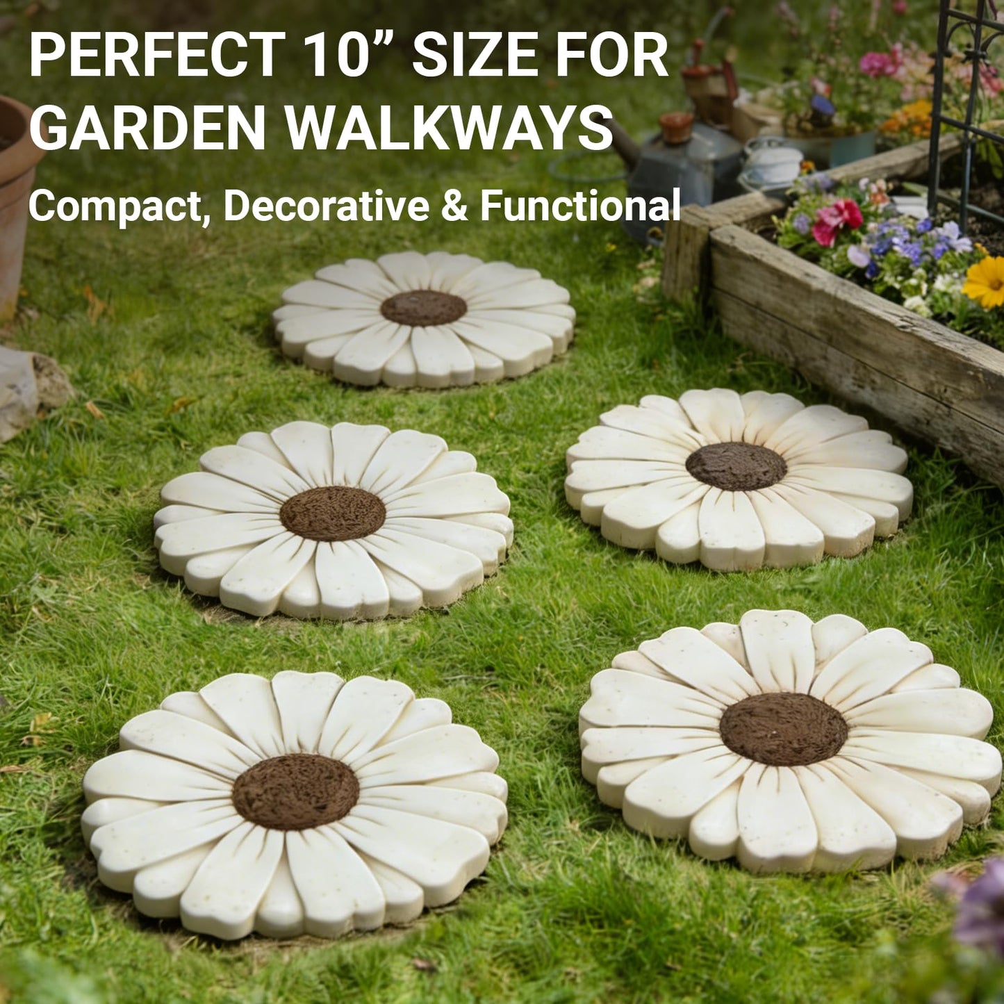 Landoraloria 2 Pack Daisy Cement Stepping Stones 10 Inch, Heavy Duty Garden Pathway Stones, Non Slip Outdoor Walkway Decor for Yard Patio Lawn, Weather Resistant Cement Stepping Stones (White)