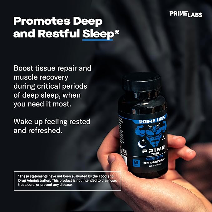 Prime Labs Night Duty - Nighttime Testosterone Booster & Sleep Support - PM Rest & Muscle Recovery Supplements - 60 Count