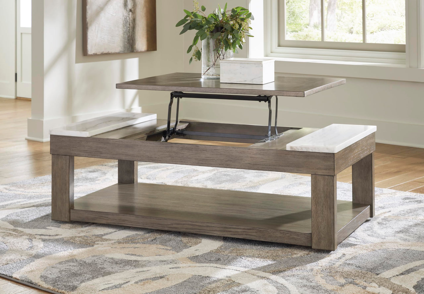 Signature Design by Ashley Loyaska Casual Lift-Top Coffee Table with 1 Lower Shelf, Marble Accents and Casters, Brown & White