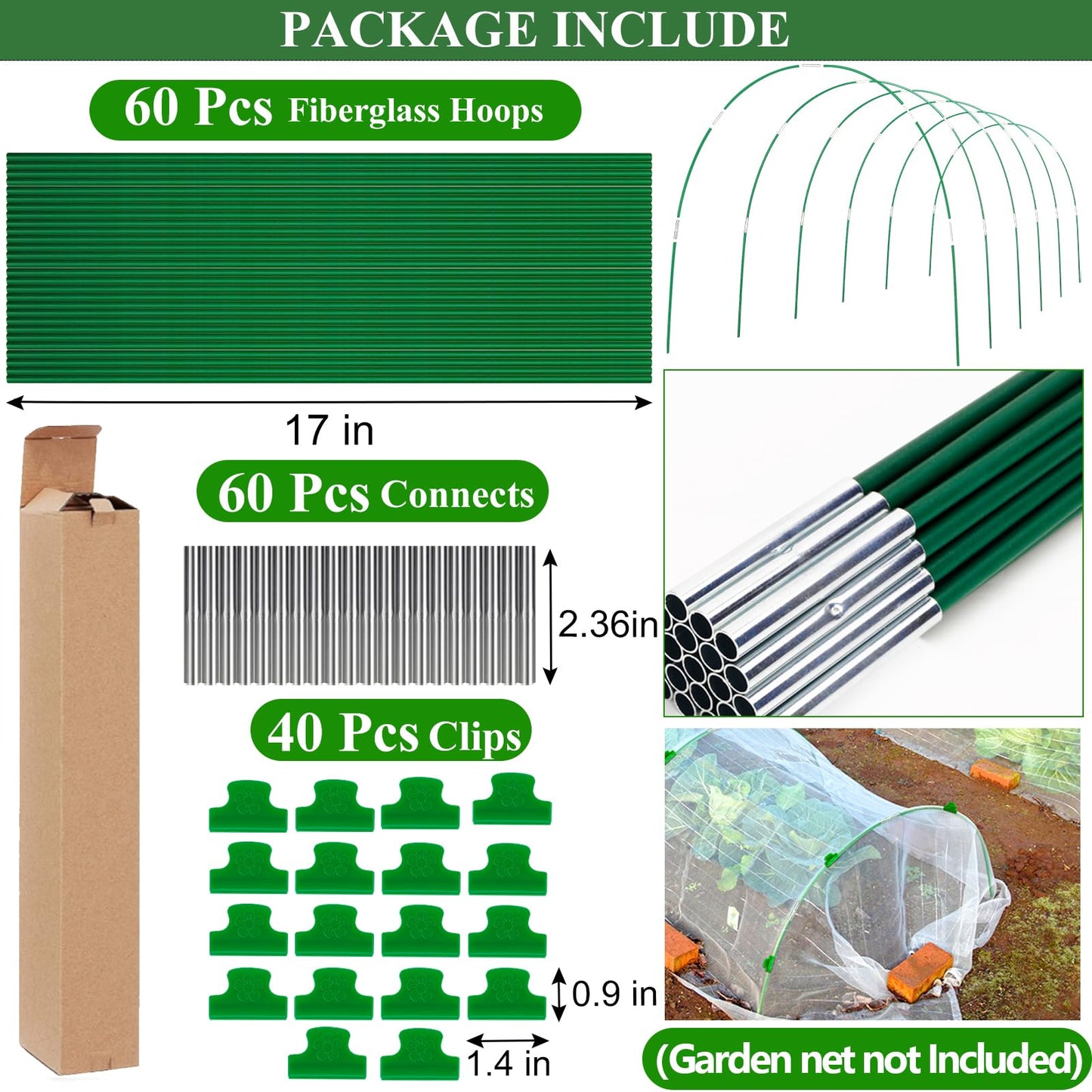 WYRJXYB 60Pcs Greenhouse Hoops Grow Tunnel Wide, 8FT Rust-Free Fiberglass Support Garden Hoops Kit for Raised Beds Plant Cloth Row Cover Netting-DIY Plant Support Garden Hoop for Netting-40Pcs Clips