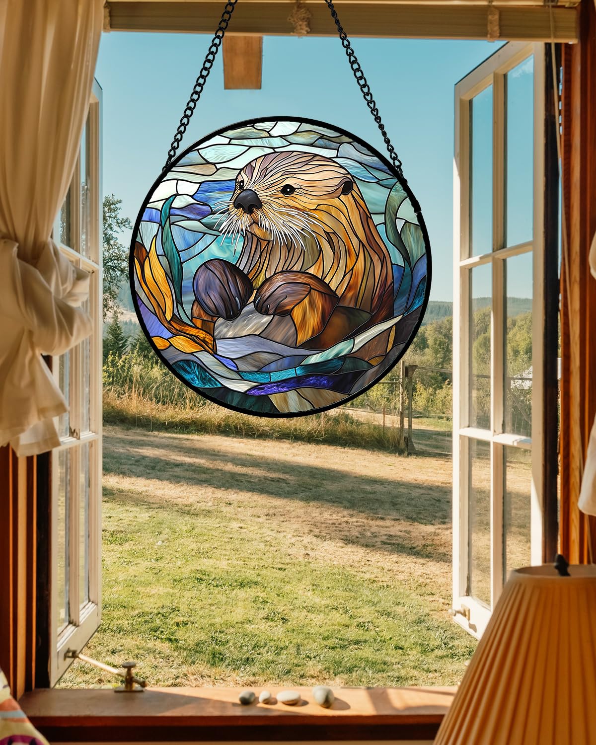 AMDERVEN Stained Glass Suncatcher, Blue Ocean Cute Sea Otter Sun Catcher Stain Glass Window Hanging Decoration Mother's Day Birthday Gifts for Women Men Mom Nana 9.8 in