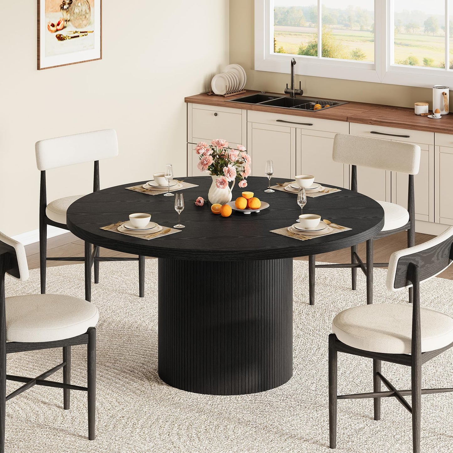 Round Kitchen Dining Table for 4-6 People, 47 inch Mid-Century Circle Dinner Tables, Rustic Wood Base in Fluted Design, Space Saving Dining Room Furniture, Large Table Only for Family Party, Black
