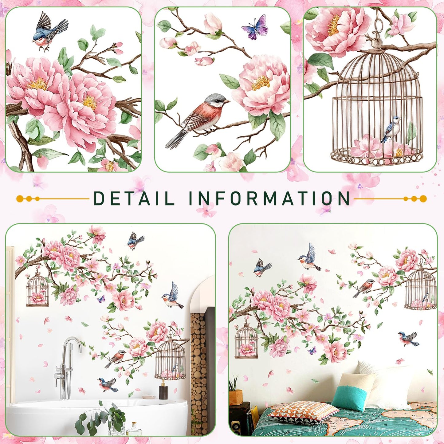 Removable Large Flowers with Tree Branches Wall Stickers – DIY Peony Floral Birds Wall Decals, Peel and Stick Leaves & Birdcage Wall Decor for Kids Girls Bedroom, Nursery, Living Room, Classroom