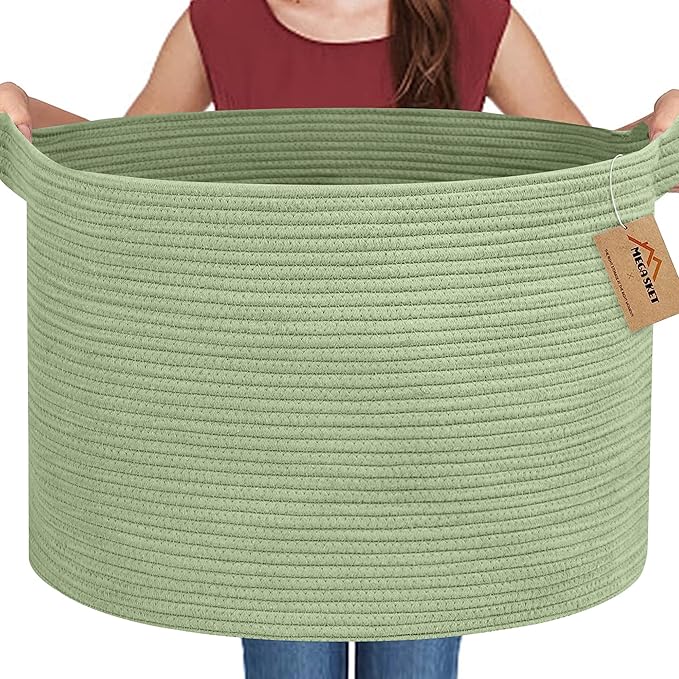MEGASKET Extra Large Green Basket, 22" X 22" X 14" Woven Cotton Rope Baskets for Blankets, Nursery Laundry Basket, Cute Kids Toy Storage Bin, Green Living Room Bedroom Decor Baskets for Organizing