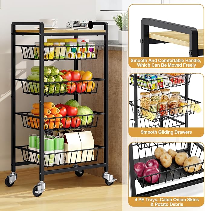 TOOLF 5-Tier Kitchen Cart with Tabletop, Rolling Snack Cart with Lockable Wheels, Fruit Vegetable Storage Basket with 4 Pack Mats, Metal Storage Rack with Pull-Out Pantry Cart for Organizer