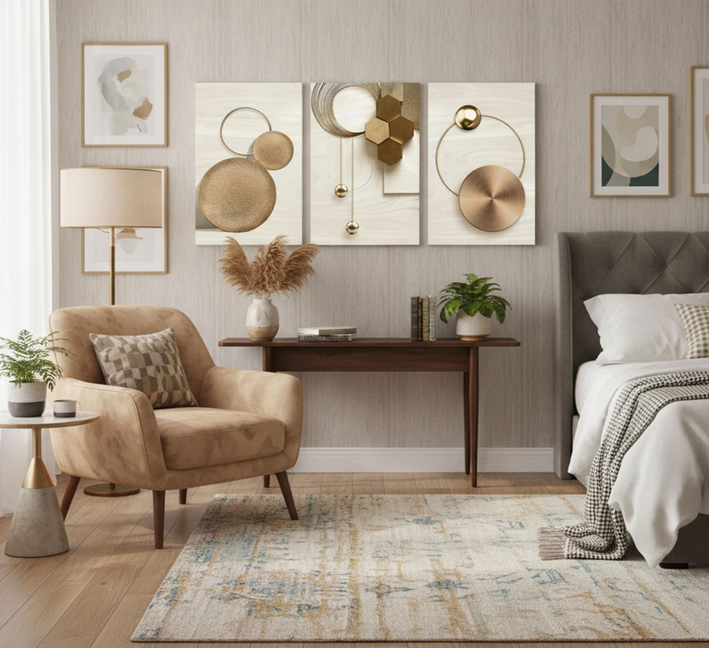 3 Pcs Abstract Gold Geometric Boho Canvas Wall Art Mid Century Modern Minimalist Aesthetic Luxury Metal Artwork Pictures Wall Decor Posters Prints for Living room Bedroom Office Home Decoration