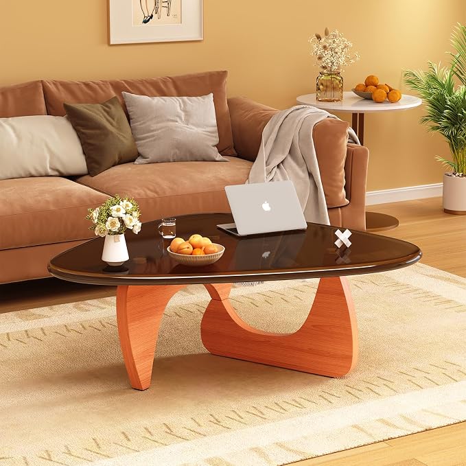 Coffee Table for Living Room Mid Century Modern Center Small Table with Glass Top and Wood, Walnut Brown(45 Inch)